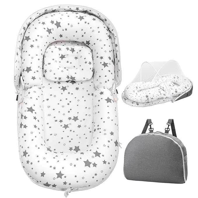 AmazingLife Baby Lounger, Newborn Lounger with Mosquito Net, Converts to a Backpack for Easy Carrying, Gifts for Babies Aged 0-12 Months, Star