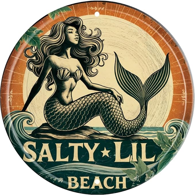 Mermaid Wall Art Decor Metal Sign Beach Vintage Round Plaque Nautical Themed Bar Cafe Home Decor Enthusiasts Gift for Friends and Family 8x8 In