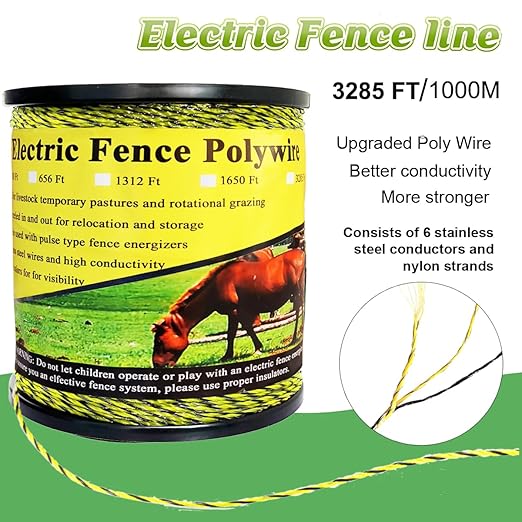 3285 Feet Electric Fence Polywire, 1000 Meters 1/8" Diameter Portable Electric Fencing Poly Wire Rope Line 6 Steel Strands for Reliable Conductivity & Rust Resistance