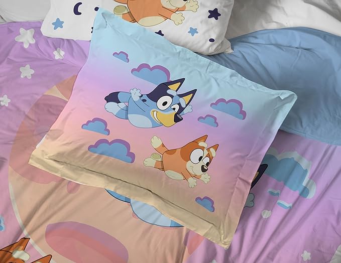 Jay Franco Bluey & Bingo Queen Comforter Set - 7 Piece Bedding Includes Sheet Set & Pillow Covers - Super Clouds & Stars Cozy Bedding