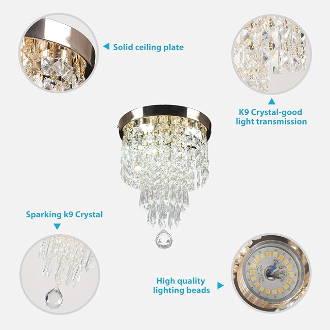 Flush Mount Crystal Chandelier 9.8" – Modern Gold Ceiling Light