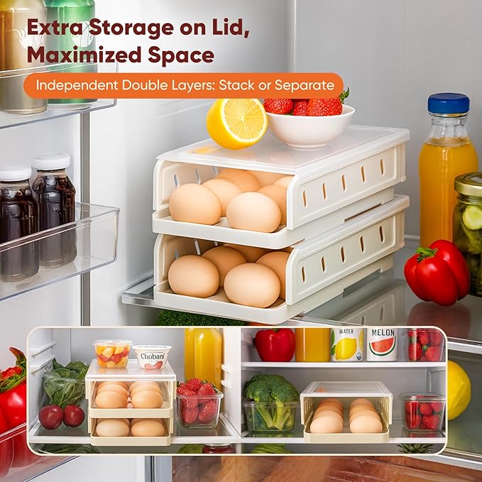 Automatic Rolling Egg Holder for Refrigerator, 2-Pack Stackable Egg Storage Containers, Smooth Glide Track, Steady Base & Dishwasher Safe