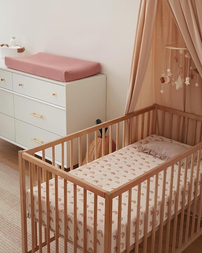 Blissful Diary Muslin Crib Sheets for Girl Boy, Boho Neutral Soft Cotton Baby Sheet for 52''x28'' Standard Crib Mattress, 2 Pack(Dusty Pink&Rainbow)