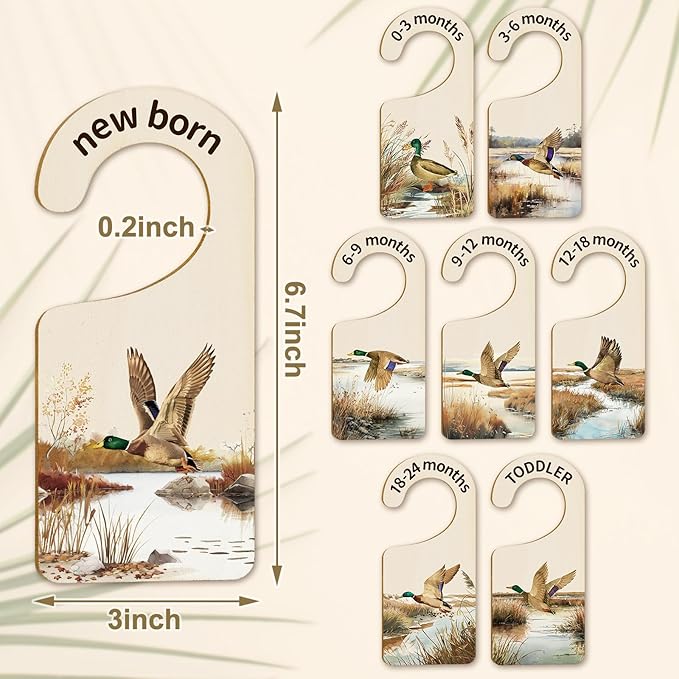 Whaline 8Pcs Baby Closet Size Dividers - Watercolor Mallard Duck Hanging Wood Organizer for Newborn to 24 Months - Thicken Wardrobe Organizer