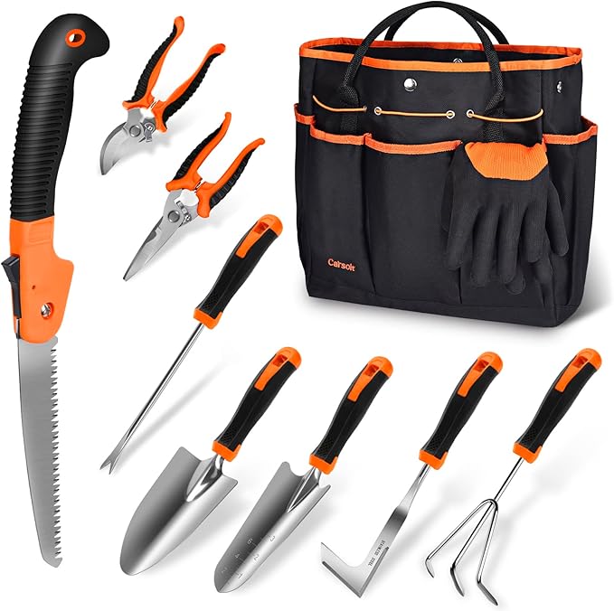 Garden Tools Set, Carsolt 10 Piece Stainless Steel Heavy Duty Gardening Tools Set for Planting Pruning Gardening Kit with Durable Gardening Bag Gloves Gift Box Ideal Garden Gifts for Women Men(Orange)