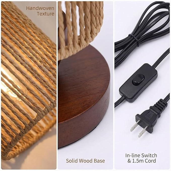 Small Rattan Table Lamp for Bedroom, Boho Bedside Lamp