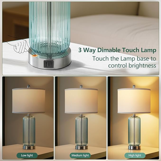 Table Lamps Set of 2 with Vertical Grained Glass, Teal Bedside Table Lamp