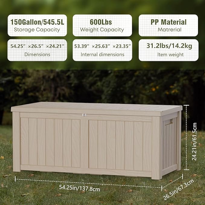 150 Gallon Resin Deck Box, Waterproof Outdoor Storage Bin for Patio Furniture, Pool Accessories, and Garden Tools, Lockable & UV-Resistant, Grey
