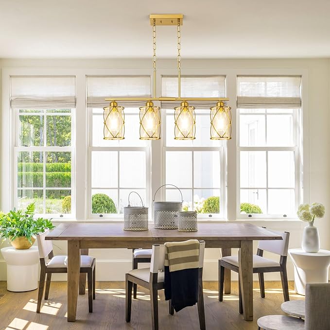 4-Light Kitchen Island Lighting, Modern Brushed Gold Dining Room Light Fixtures