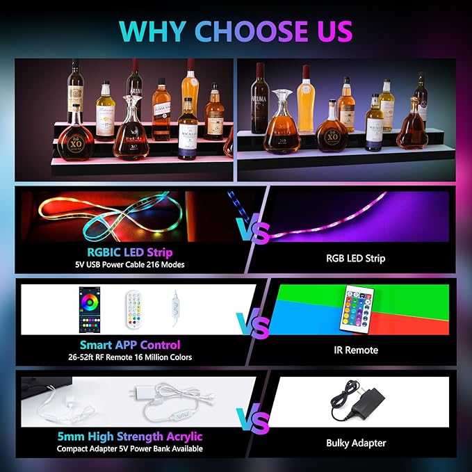 Led Lighted Liquor Bottle Display Shelf, 40 Inch 3 Tier Whiskey Rack, Support