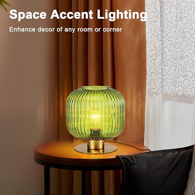 Glass Globe Table Lamp, Mid Century Modern Green Table Lamp, Vintage Gold