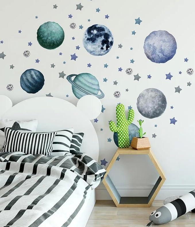 Planets and Stars Wall Decals, Removable Solar System Wall Stickers, Space Wall Décor, Peel and Stick Universe Art Mural Vinyl Sticker for Kids Boys Bedroom Nursery Decoration