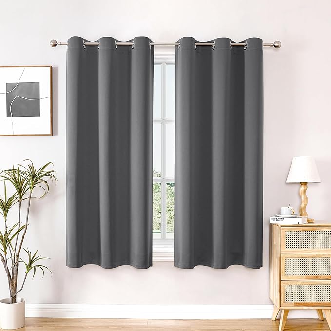 ChrisDowa Small Window Curtains 50 inches Long for Bedroom - Grommet Short Thermal Insulated Room Darkening Curtains for Kitchen (2 Panels, Grey, 29 x 50 Inch)