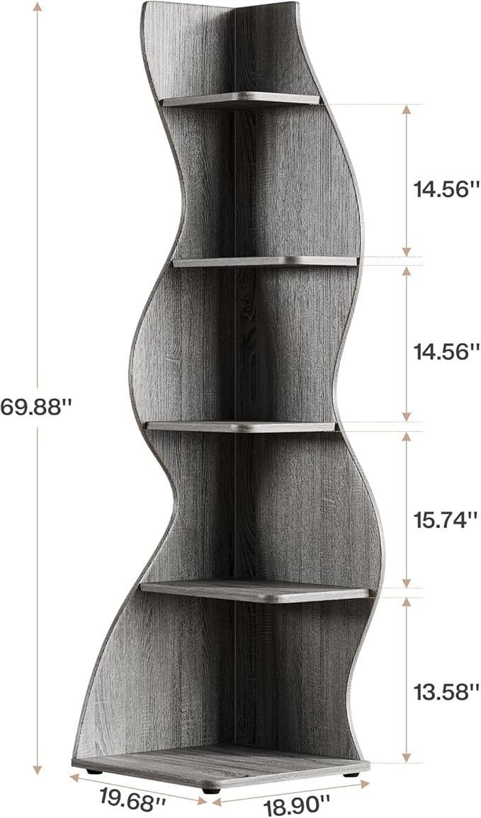 Tribesigns Wavy Corner Shelf, Modern 5-Tier Bookshelf Bookcase with Curvy Shape, Unique Plant Stand Display Rack for Living Room Small Space (Gray)