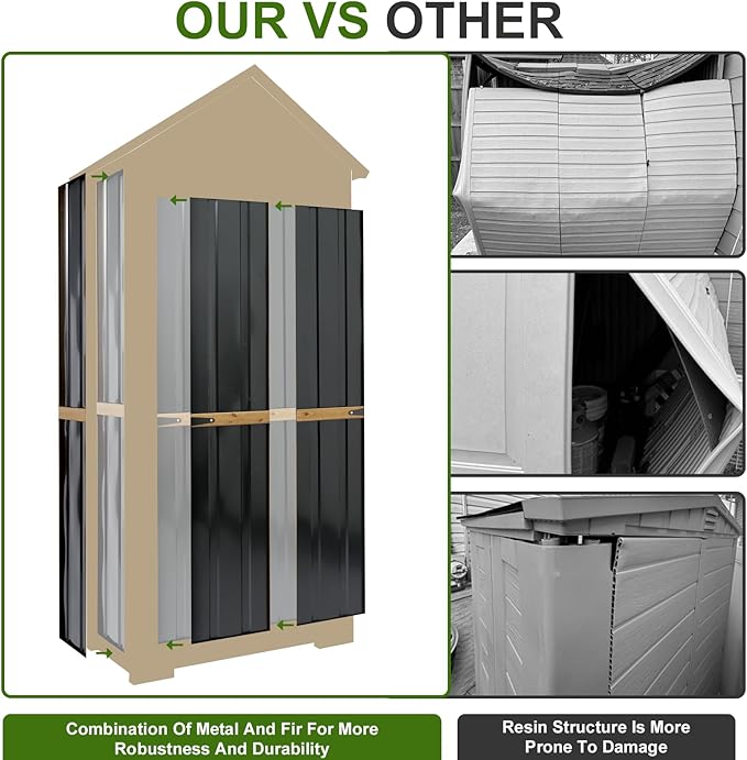 Wood & Metal Outdoor Storage Cabinet with Waterproof Roof, Garden Tool Shed with 6 T-Hinge, 4 Reinforced feet with Metal Brackets and 6 Adjustable feet, 3 Removable Shelves, 13.2X 31x 67IN