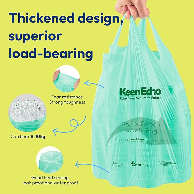 2.6 Gallon 200 Counts Small Green Trash Bags with Handle, Ocean Fishing Nets Upcycling, Sage & Sea Salt Scented, Plastic Garbage Bags, Waste Bag for Kitchen, Bathroom, Office and Pets
