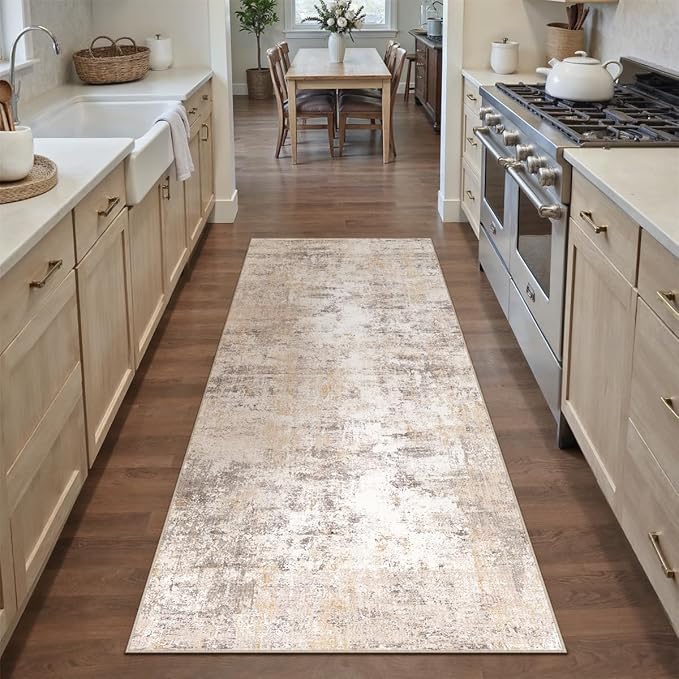2x5 Washable Runner Rug Beige Grey Neutral Abstract Hallway Kitchen Living Room Bedroom Non Slip Throw Rug Soft Low Pile Indoor Carpet for Entrance Laundry Bathroom