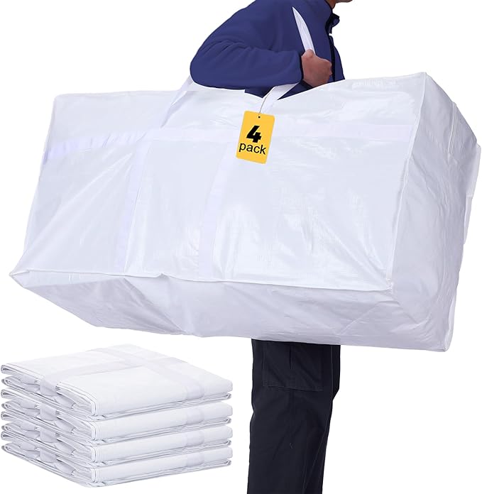 4 Pcs 66 Gallon Large Moving Bags with Zipper and Handles Foldable Storage Duffle Bags Heavy Duty Extra Large Totes for College Dorm Travel Clothes Blankets Bedding Moving(White)
