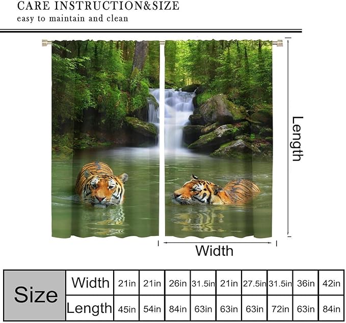 Forest Waterfall Landscape Blackout Window Curtains, Animals Tigers Waterfall Woodland Natural Window Drapes, for Living Room Bedroom 42" W X 45" L
