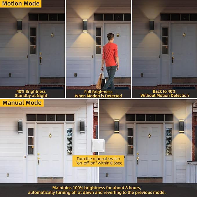 SHIMR Motion Sensor Outdoor Wall Lights 2 Pack, Modern Dusk to Dawn Up Down