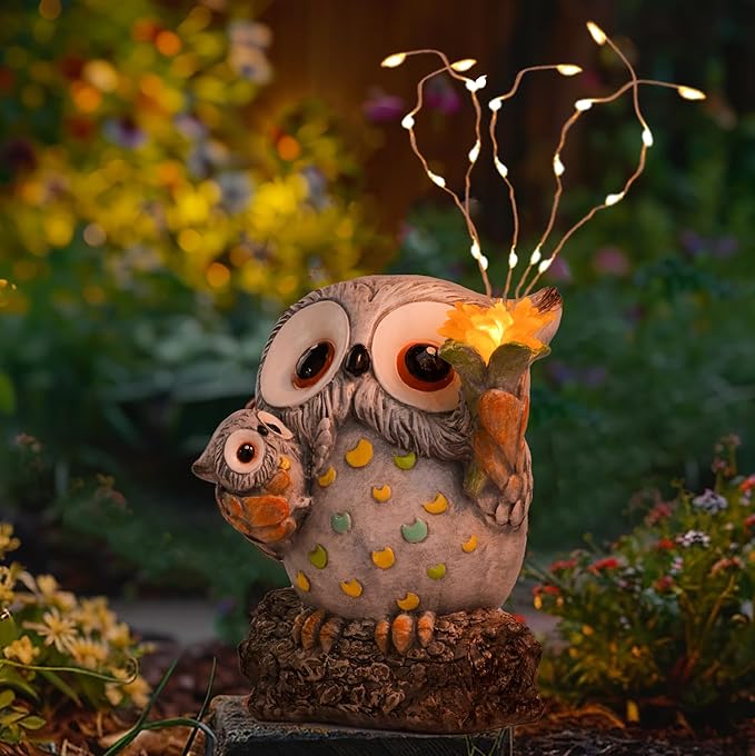 Solar Garden Statues Outdoor Decor, Fairy Owl Statue Garden Decor, Resin Yard Decorations Outdoor for Patio, Porch, Balcony, Lawn Ornaments, House Warming Birthday Gifts for Mom Women Grandma