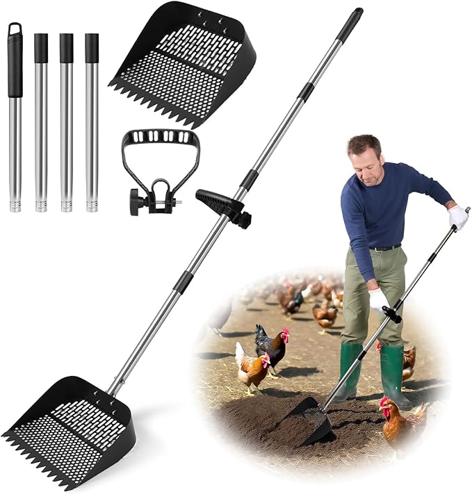 Chicken Poop Scooper for Sand, Coop Scoop with 22 to 64" Adjustable Handle, 2-in-1 Metal Shovel Head Chicken Scooper for Poop, Litter Rake & Sifting Shovel for Pet Waste Cleaning
