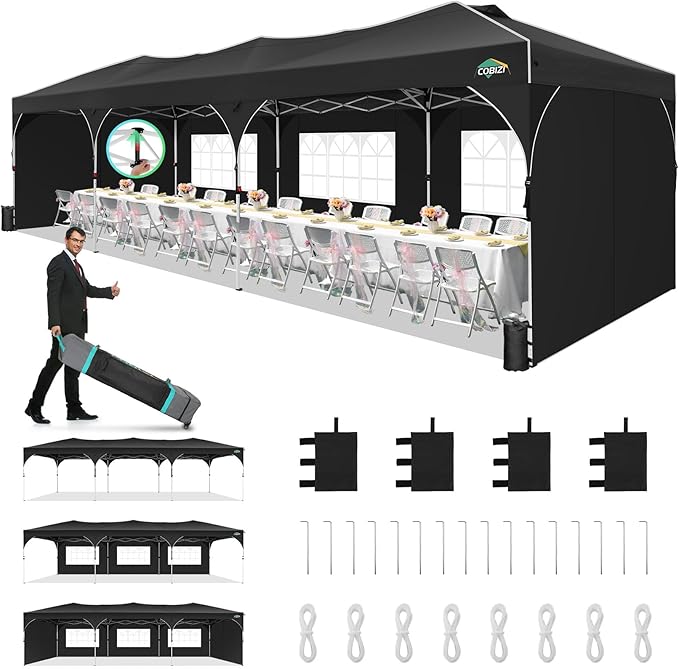 COBIZI 10x30 Party Tent: 10x30 Pop Up Canopy Tent with Wheeled Bag, Easy Up Canopy 3 Adjustable Heights，420D Waterproof UPF 50+ Fabric, Tents for Parties Wedding with 5 Removable Sidewalls, (Black)