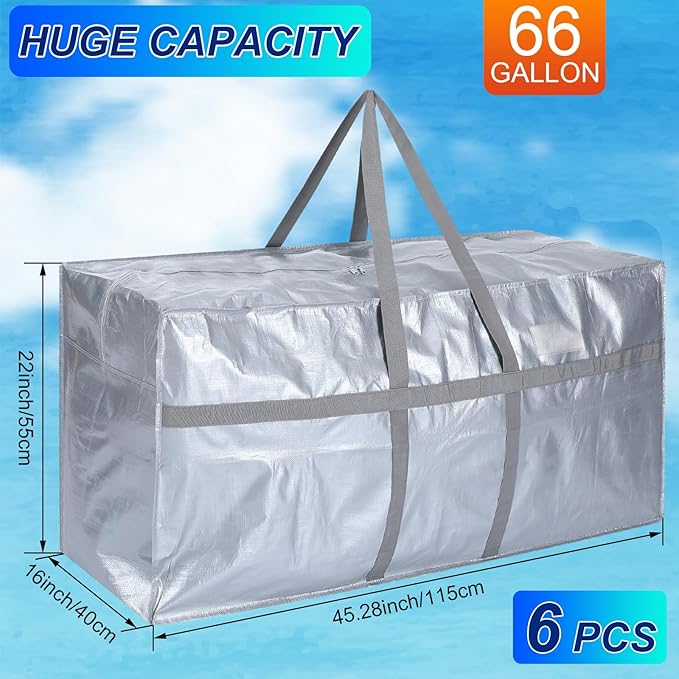 6 Pcs 66 Gallon Large Moving Bags with Zipper and Handles Foldable Storage Duffle Bags Heavy Duty Extra Large Totes for College Dorm Travel Clothes Blankets Bedding Moving (Silver)