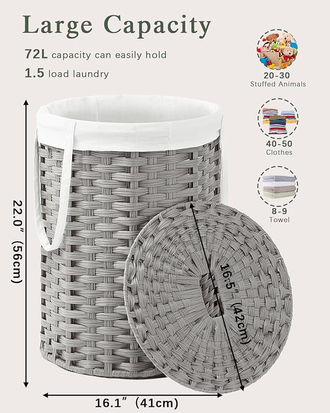 Laundry Hamper with Lid Laundry Basket with Lid 19.0 Gal (72 L) Round Laundry Basket Handwoven Rattan Basket with Lid Removable Bag 2 Mesh Bags Handles for Living Room Bathroom Gray