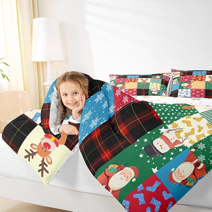 Feelyou Patchwork Christmas Bedding Set Soft for Boys Girls, Santa Claus Reindeer Comforter Set Twin Size Snowman Duvet Quilt Microfiber Snowflake Bedroom Decor 2 Pcs with 1 Pillow Cases