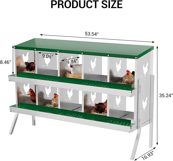 10-Compartment Metal Chicken Nesting Box - with Perch, Secure Lid & Metal Legs, Wall-Mount or Free-Standing Nesting Boxes for Hens