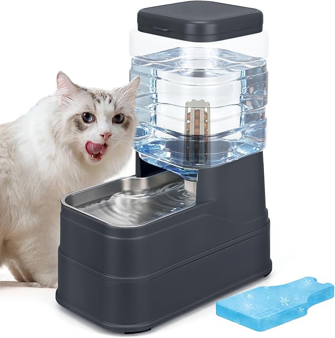 1.6 Gallon Pet Automatic Dog Water Dispenser Cat Gravity Waterer Feeder with Stainless Steel Bowl Large Capacity Puppy Feeding Raised Bowls with Filter,Ice Pack