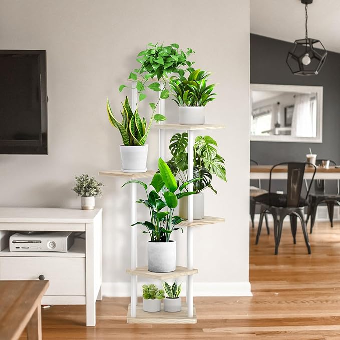 6 Tier Wood Tall Plant Stand Metal Rack Indoor, Multiple Flower Pot Holder Shelves Corner Rack, Planter Shelf Display Rack Storage Organizer for Patio Living Room Balcony Garden(White Oak)