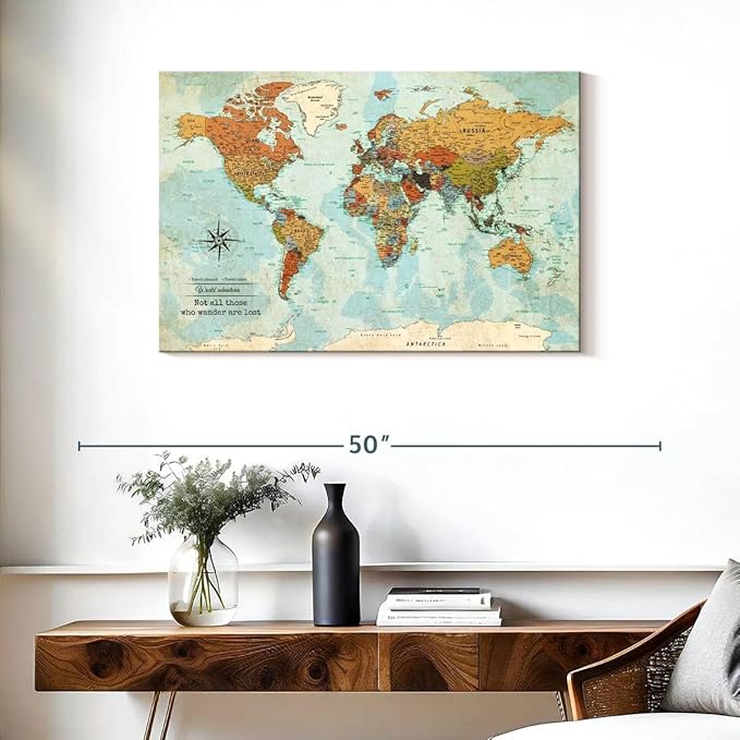 ElephantStock - Personalized Wanderer Push Pin World Map Wall Art - Horizontal Canvas Wall Art - Living Room Wall Decor - Digital Art Map Canvas Art - Orange And Blue Decor - 36" x 24"