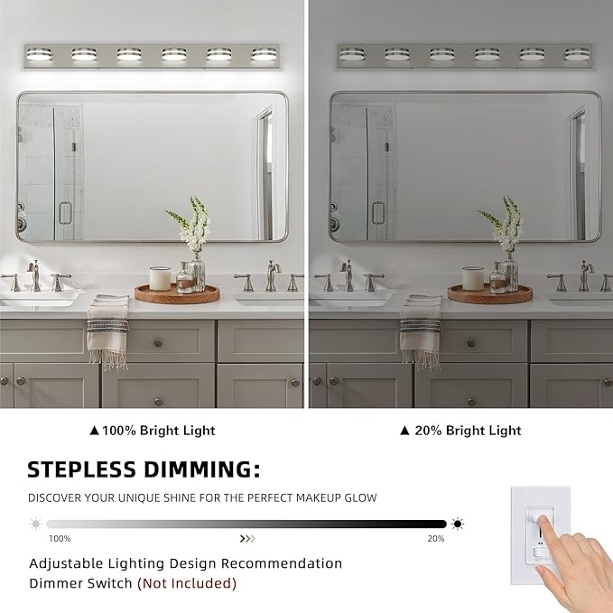 6-Light Nickel Bathroom Vanity Light Over Mirror, LED Vanity Lighting Fixtures