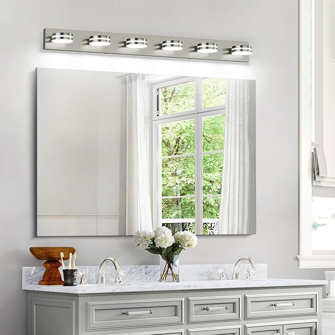 6-Light Nickel Bathroom Vanity Light Over Mirror, LED Vanity Lighting Fixtures