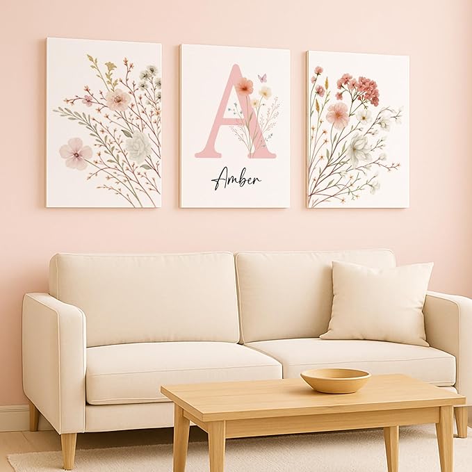 Personalized Girls Nursery Wall Art - Custom Name Pink Floral Butterfly Canvas Print 3pc Framed Wrapped Canvas for Bedroom Living Room Entryway Study Room Initial Wall Decor Baby Shower Birthday Easter Graduation New Year Valentine's Day Gift (20×30cm/...