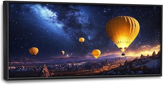 Olivine Hot Air Balloon Wall Art, Cappadocia Landscape Pictures Wall Decor, Night Adventure Paintings, Travel Canvas Prints, Framed Artwork for Bathroom Bedroom Living Room Office Home 60"x30"