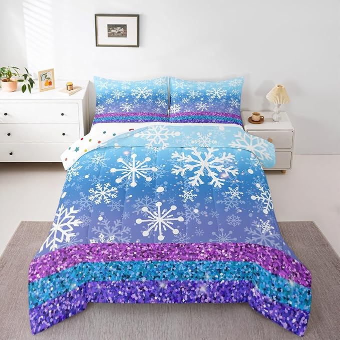 Feelyou Winter Snowflake Comforter Set All Season Glitter Print Bedding Set with 2 Pillow Cases Christmas Microfiber Kids King Bedclothes Holiday New Year Bedroom Decor Duvet Quilt Soft Lightweight