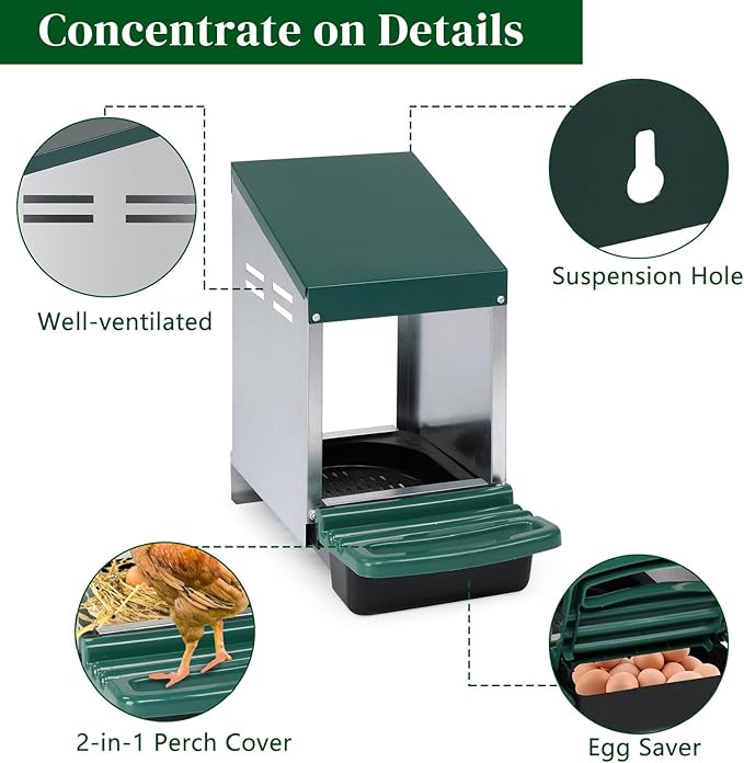 Chicken Nesting Boxes for Laying Eggs,Single Compartment Roll Out Nesting Box Plastic Heavy Duty Chicken Coop with Swing Perch,Hanging Chicken Cage Rolling Egg Collection for Hens, Ducks,Green