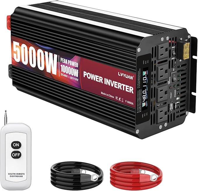 LVYUAN 5000 Watt Power Inverter 48V to 110V 120V for Vehicle, Solar Inverter System, Heavy Duty, RV, Truck, Off Grid,Camping with 4 AC Outlets, LCD Display, Wireless Remote Control, Car Power Inverter
