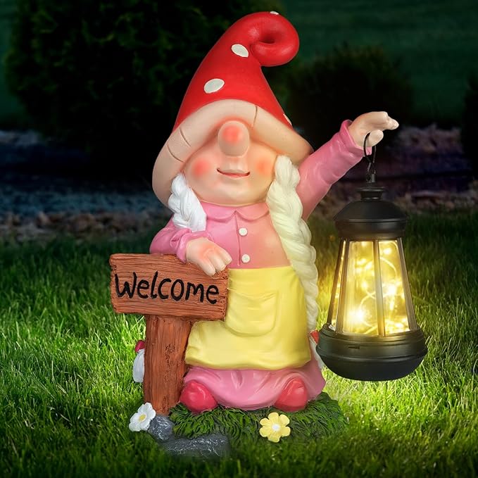 Solar Garden Gnome Statue Holding LED Lantern with Welcome Sign Outdoor Ornaments Waterproof Christmas Decoration for Outside Patio Yard Lawn Decor (Pink)