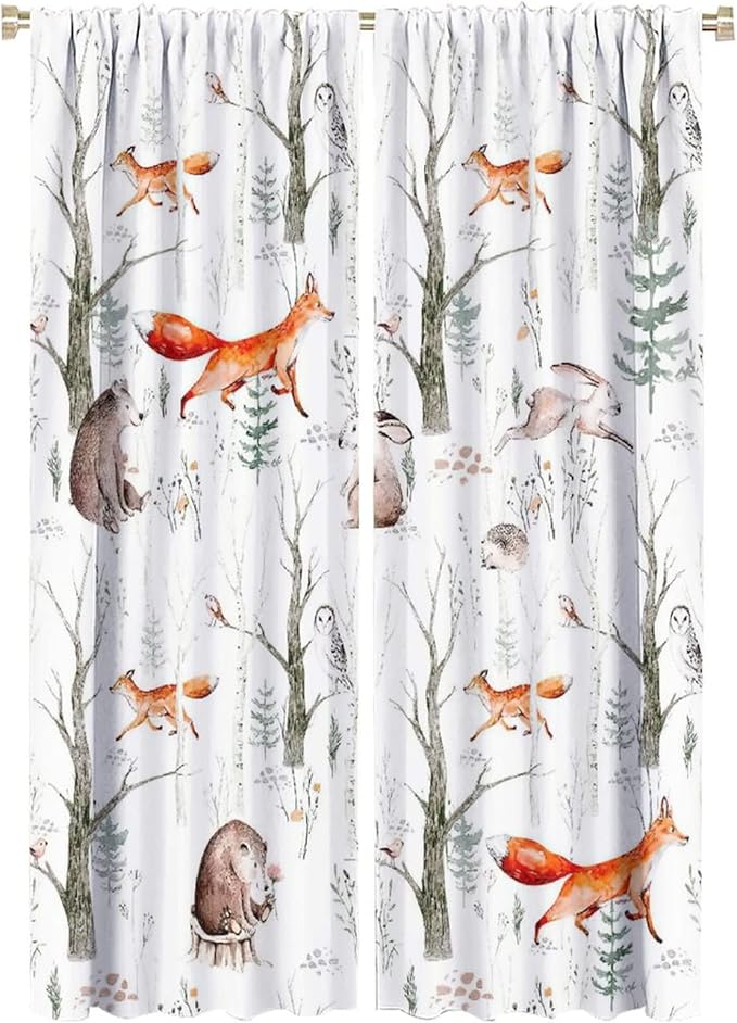 Rustic Forest Window Curtains, Watercolor Woodland Animals Owl Hedgehog Fox Butterfly Forest Squirrel and Bear Blackout Windows Door Curtain for Bedroom Living Room Home Decor 42x63in
