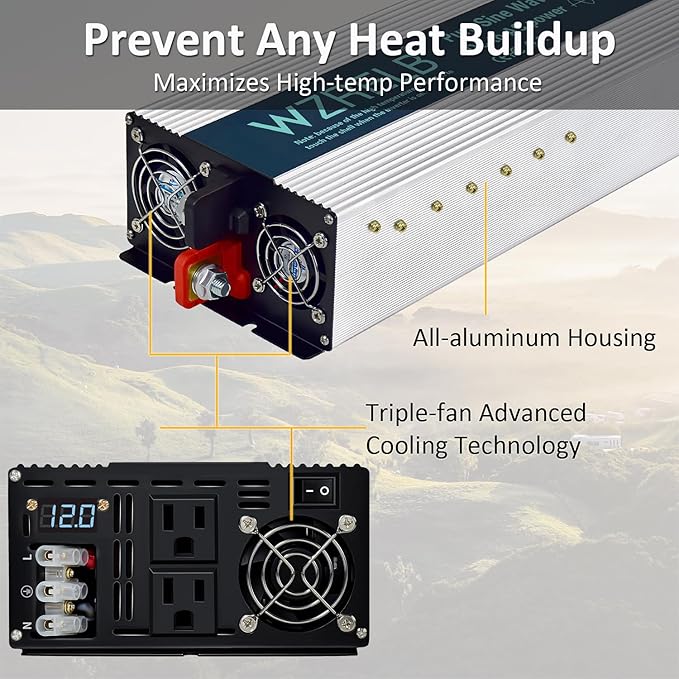 WZRELB 4000W Pure Sine Wave Inverter 12V DC to 110V 120V AC Power Converter with LED Display, Hardwire Terminal,Off-Grid Portable Power Inverter with Dual AC Outlets for Home, RV, Truck, Camping
