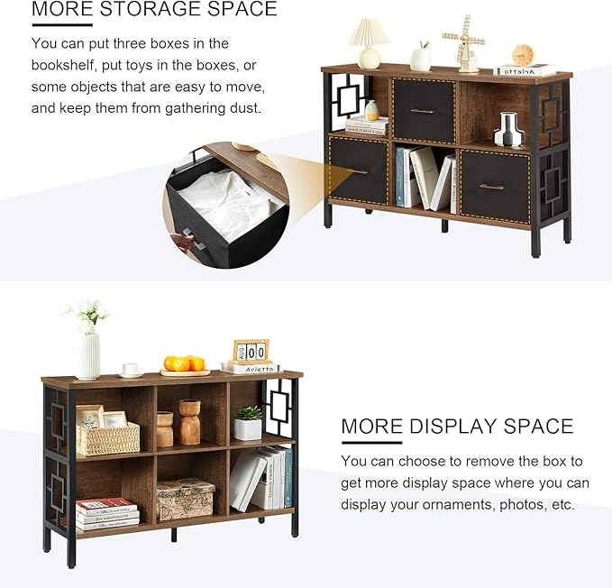 HOMISSUE 6 Cube Storage Organizer Shelf, Rustic Short Bookshelf with 3 Storage Bins, Industrial Horizontal Bookshelf with Metal Frame, Low and Wide Cube Bookcase for Living Room and Office, Brown