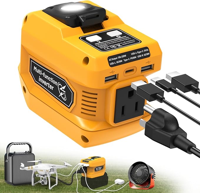220W Power Inverter for Dewalt 20V Battery, DC 20V to AC 110V Battery Inverter, Portable Power Station Generator with 1 AC Outlet, 2 USB Ports & 1 Type-C Fast Charging, 400LM LED Work Light