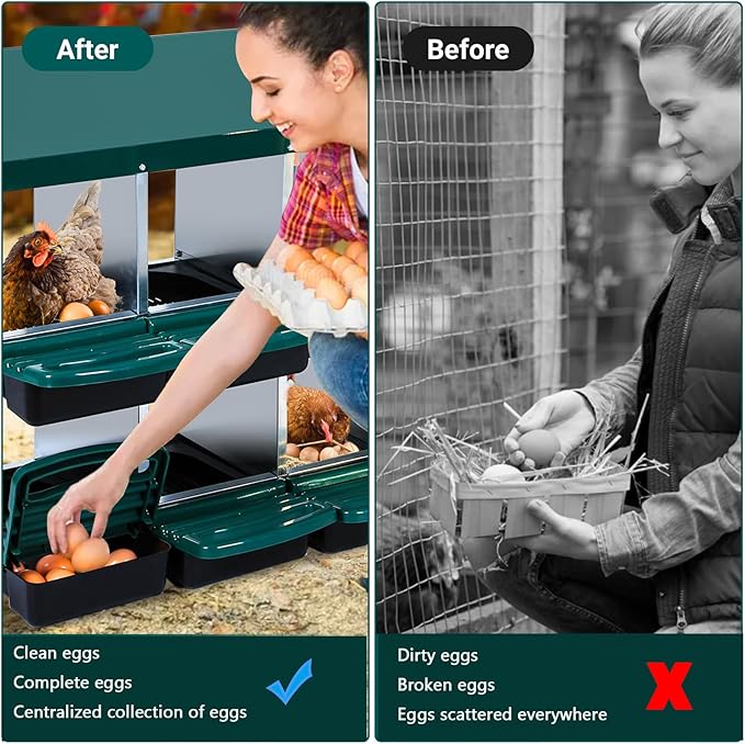Chicken Nesting Boxes, 6 Holes Metal Chicken Egg Laying Box with Swing Perch and Rollout Egg Collection,for Various Chicken Breeds with Stand - Green 0.6mm