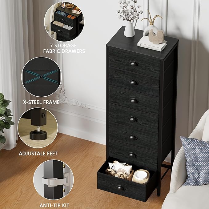 Furnulem Bedroom Dresser, Tall Chests of Drawers with 7 Fabric Bins, Black Organizer in Closet, Dorm, Living Room, Nursery, Hallyway-Storage Tower Unit, Sturdy Steel Frame