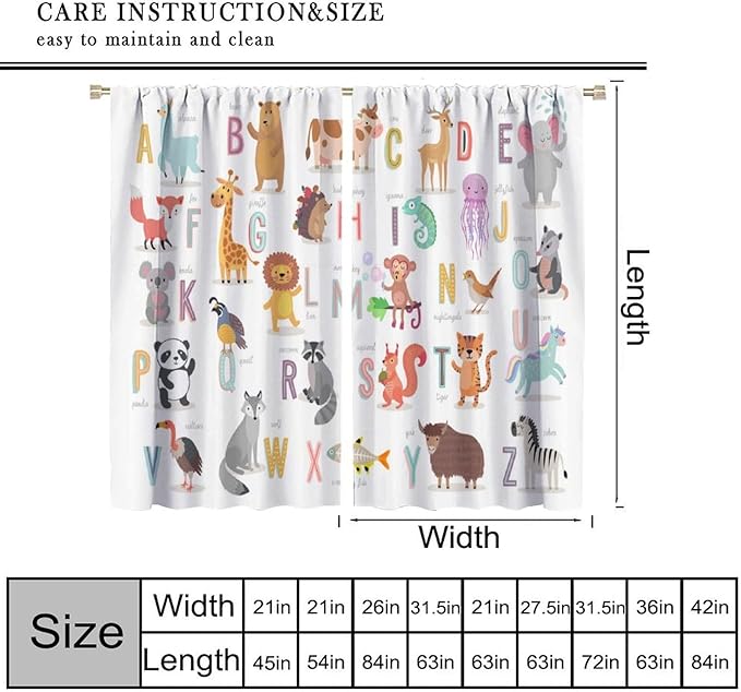 Kids Alphabet Curtains Cute Cartoon Animal Funny Educational Learning Curtain with Rod Pocket for Nursery Bedroom Playroom Home Decor Drapes Window Treatments 2 Panels Set 55" W X 63" L