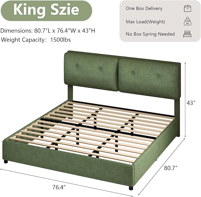 King Bed Frames,Breathable Boucle Fabric Upholstered Bed Frame with Headboard,Removable and Washable,Wood Slat Support,No Box Spring Needed,Easy Assembly,Green
